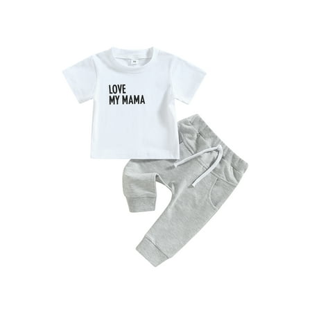 

Qtinghua Infant Baby Boy Mother s Day Outfit Love My Mama Print Short Sleeve T-Shirt Tops Jogger Pants Summer Clothes White 18-24 Months