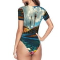 thumbnail image 3 of Uemuo Floral Ship On Ocean Pattern Women's One Piece Short Sleeve Swimsuit Rash Guard Surfing Modest Quick-drying Swimsuit Beach Essentials-X-Large, 3 of 9