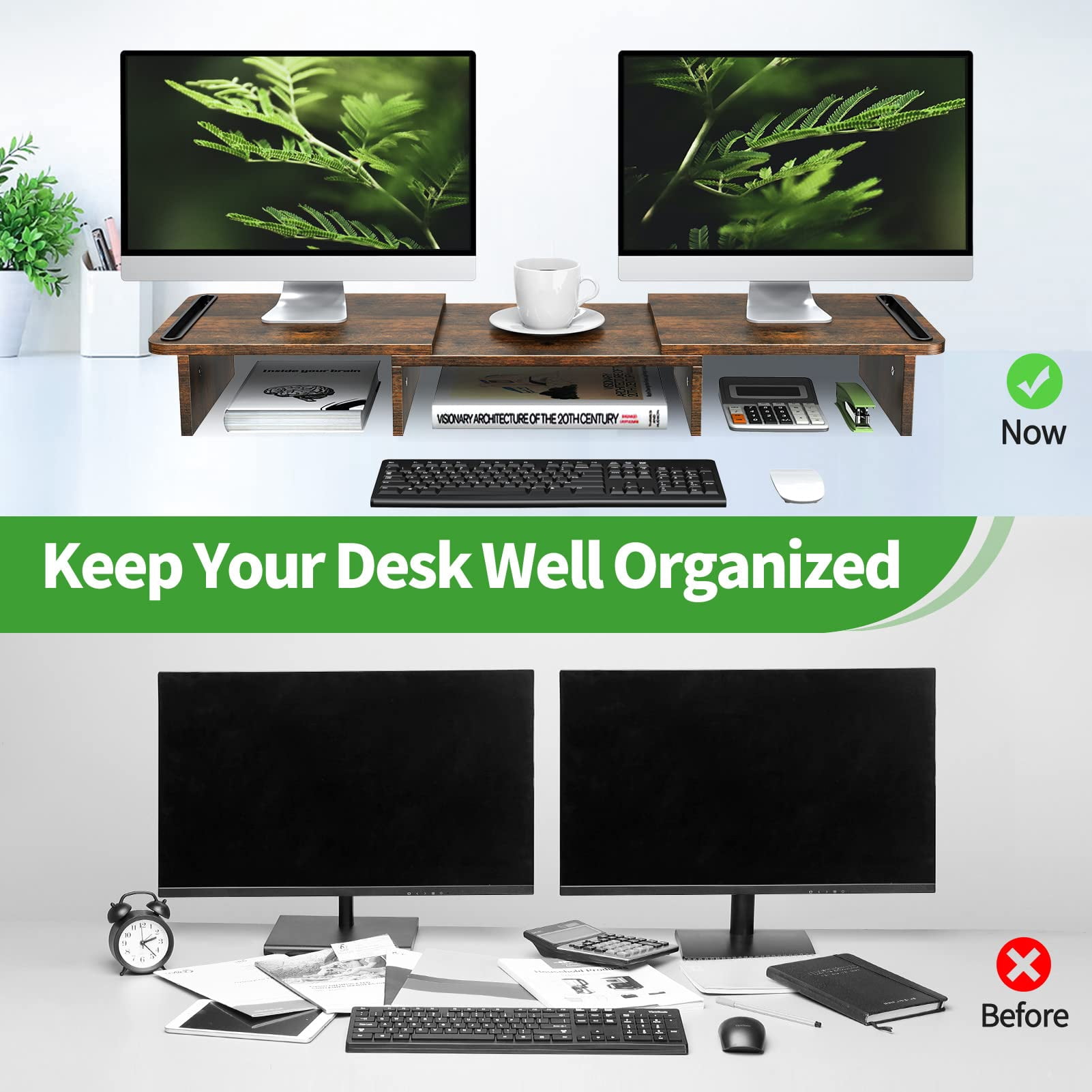 Dual Monitor Stand Riser  With Adjustable Length And Angle Wood For Desk 2 Monitors Storage Space(rust Brown Large)