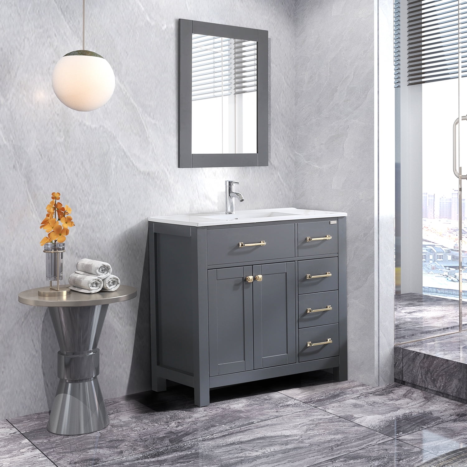 Wonline 36inch Transitional Vanity for Bathroom Cabinet & Undermount Ceramic Vessel Sink Shaker Vanity Set Gray