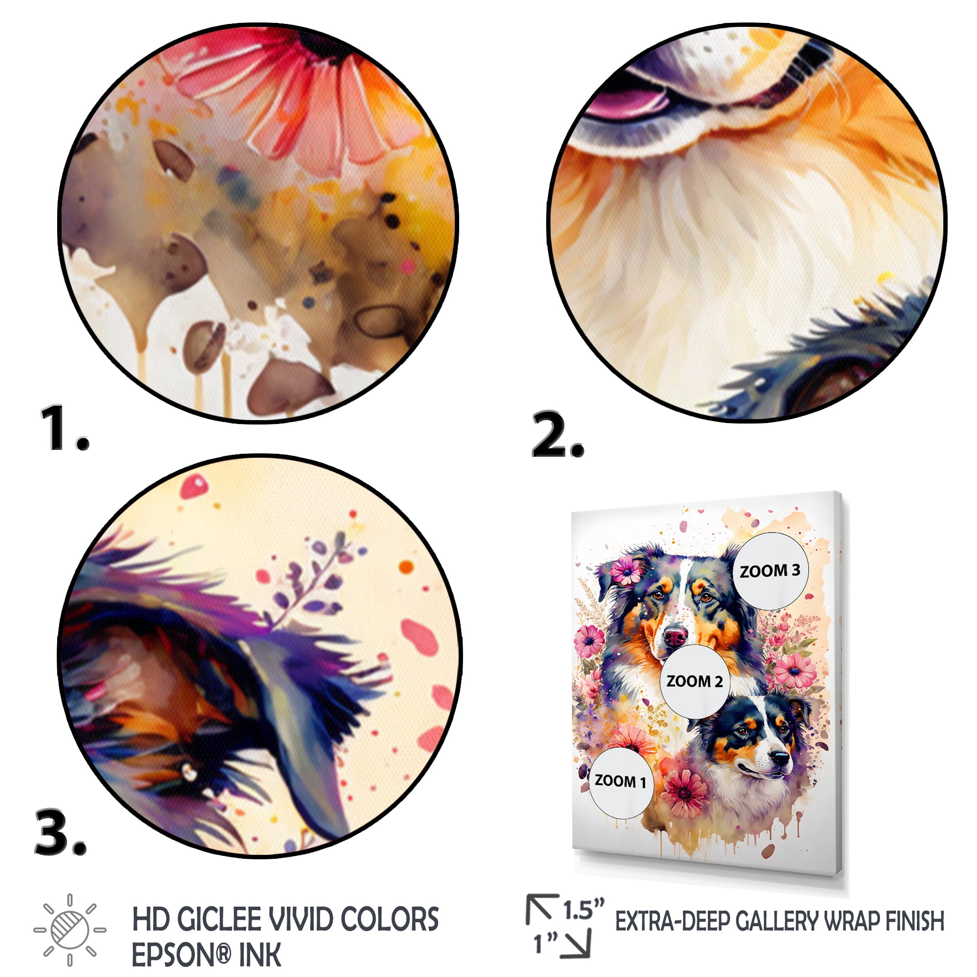 Designart Cute Australian Shepherds Floral Art I Canvas Wall Art