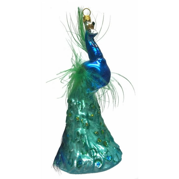 Peacock with Glitter and Feathers Polish Glass Christmas Ornament Bird Wildlife