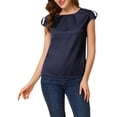 thumbnail image 1 of INSPIRAR CHIC Blusa de manga corta de seda para mujer, cuello redondo, plisada, casual y elegante, talla S, azul oscuro, 1 of 6