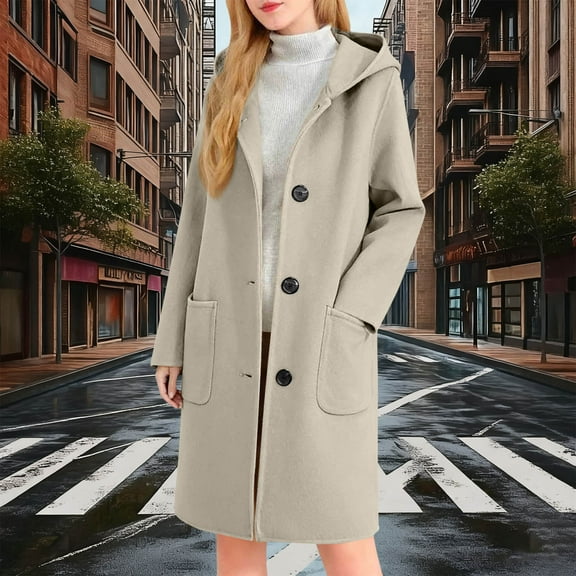 Zedker Winter Daily Wear Solid Color Hooded Wool Mixture Coats for Women, Casual Warm Long Sleeve Jackets with Button Front and Pockets,Beige,L