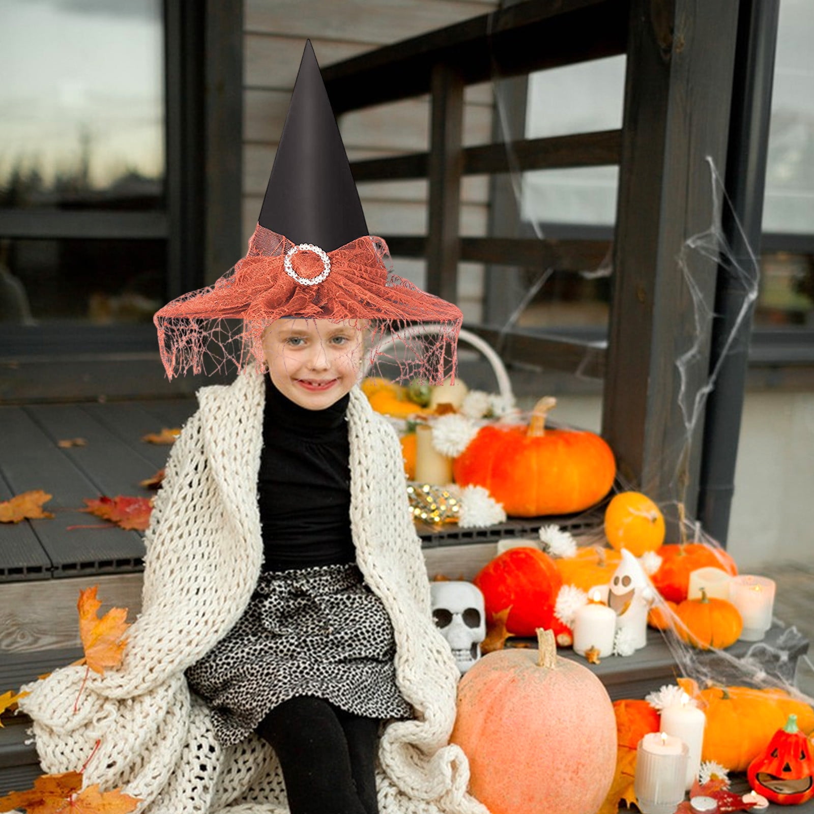 JMKQLZ Polyester Witch Hat with Lace Face Cover for Halloween