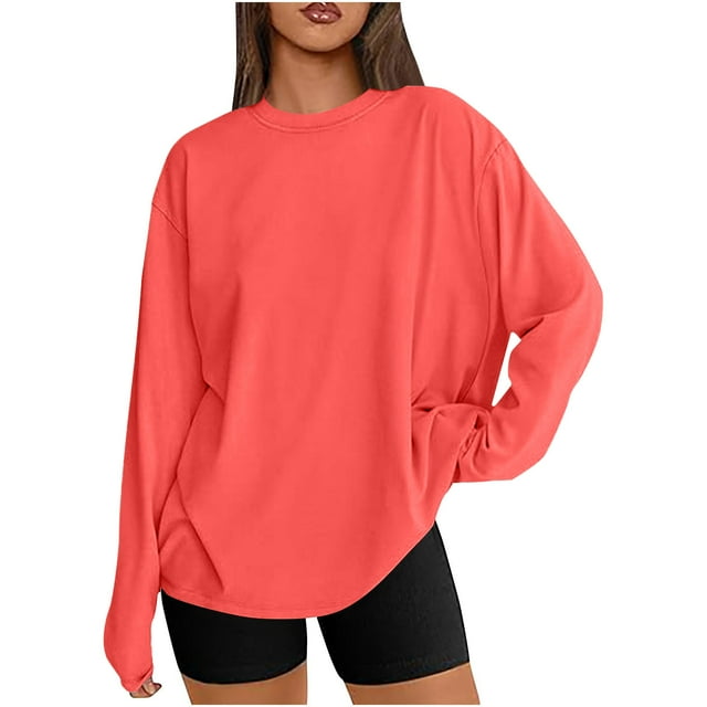 T-shirts Surdimensionnés pour Femmes Manches Longues Col Rond Chemise Décontractée Ample Tunique Couleur Unie Automne Basiques