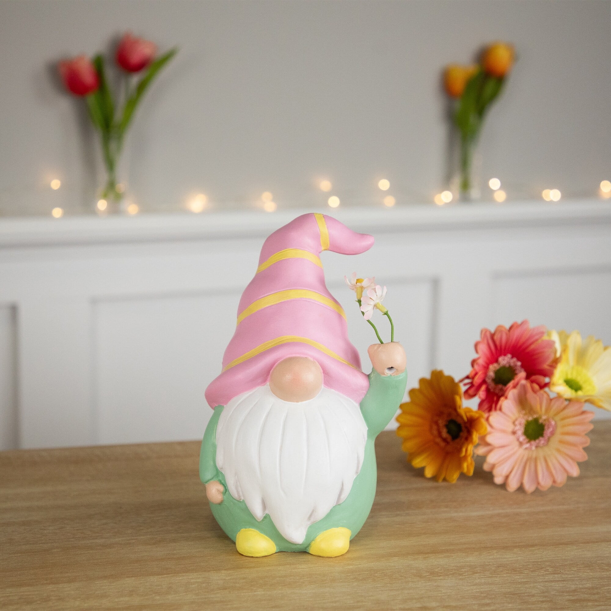 Gnome Holding Flowers Spring Figurine - 8" - Pink and Green