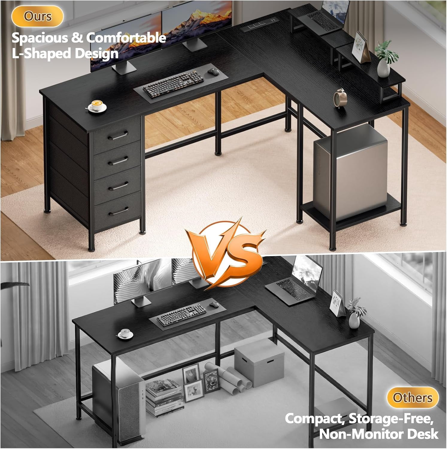 FeGeMax 59 inch L Shaped Computer Desk with Power Outlets, Home Office Desk with 4 Adjustable Storage Drawers & 2 Monitor Stands, Two Person Gaming Table for Bedroom, Black