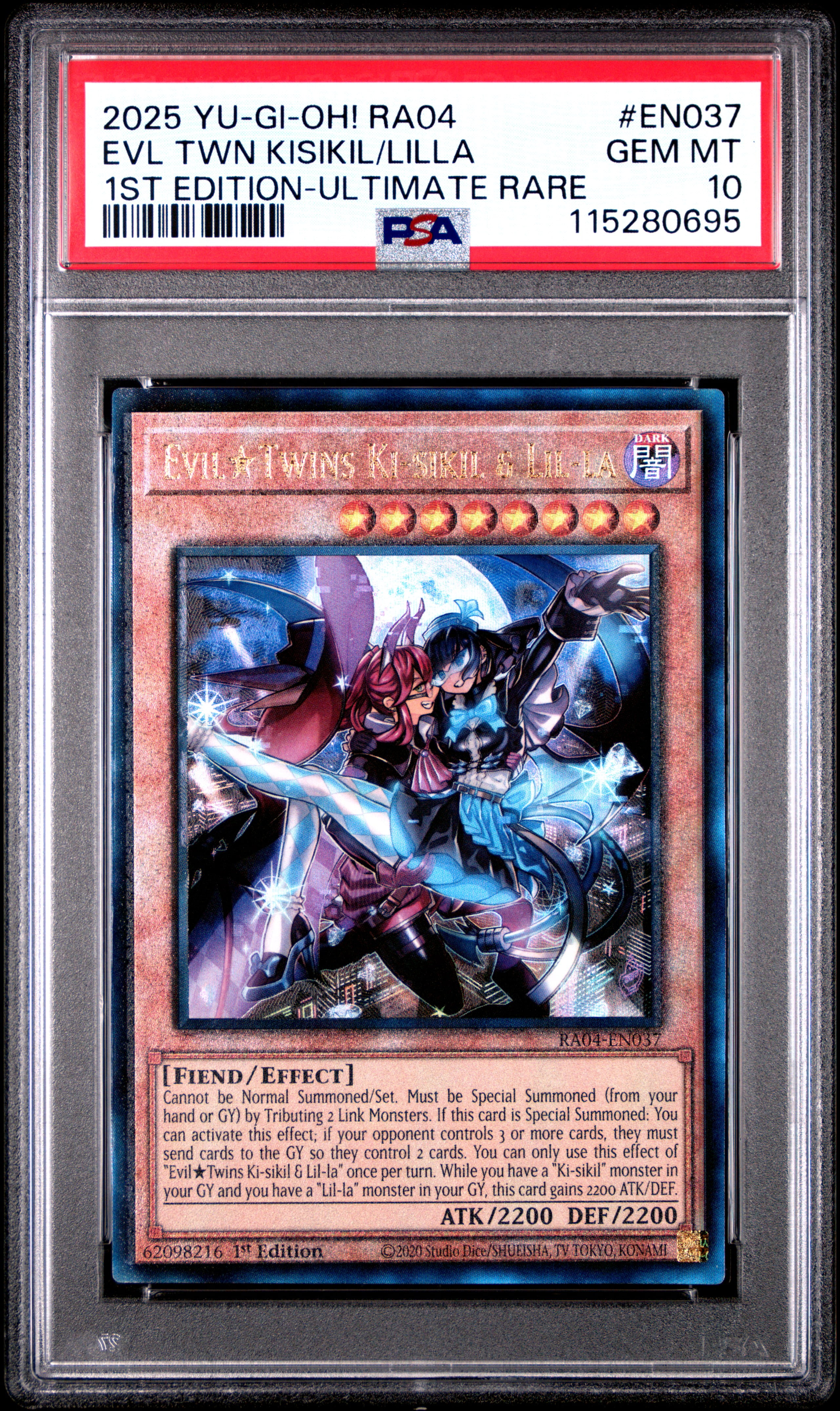 Yu Gi Oh! TCG, PSA Graded 10 GEM MINT, Evl Twn Kisikil/Lilla 1St Edition Ultimate Rare #EN037, Ra04 Quarter Century Stampede, Fully Encapsulated Bundle with Compatible Yu Gi Oh! Hard Sealed Case