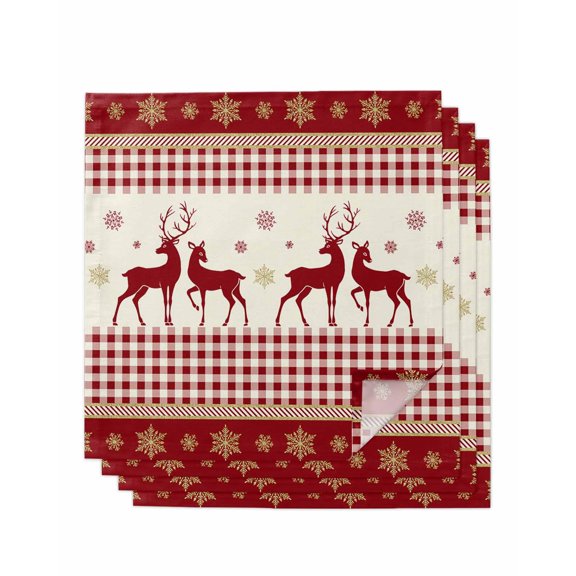 Red Christmas Cloth Napkins Set of 4, Xmas Elk Snowflake Red Plaid Washable Reusable Dinner Cocktail Napkin for Kitchen Party Wedding Banquet Holiday Baby Shower Table Decor