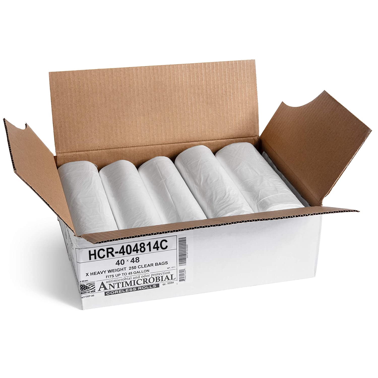Aluf Plastics High Density Trash Bags, 45 Gal, 250 Count, 14 Micron Equiv 40"x 48" Clear, for Bathroom, Office, Industrial, Commercial, Janitorial, Municipal, Recycling