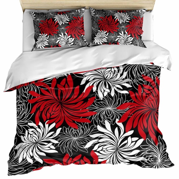 Red Black Flowers Bedding 3 Piece Duvet Cover Set Twin Size, Abstract Botanical Floral Textured Plant Microfiber Comforter Cover with Zipper Closure & Pillowcases, Wrinkle & FadeResistant Quilt Cover