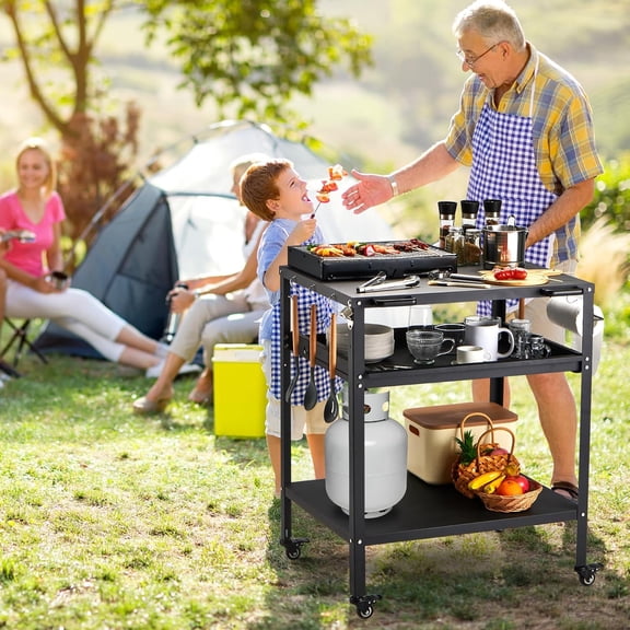Outdoor Grill Cart with Wheels, 3-Shelf Pizza Oven Stand Table for Outside, , Kitchen, Movable Outdoor Food Prep Table for Grill, BBQ