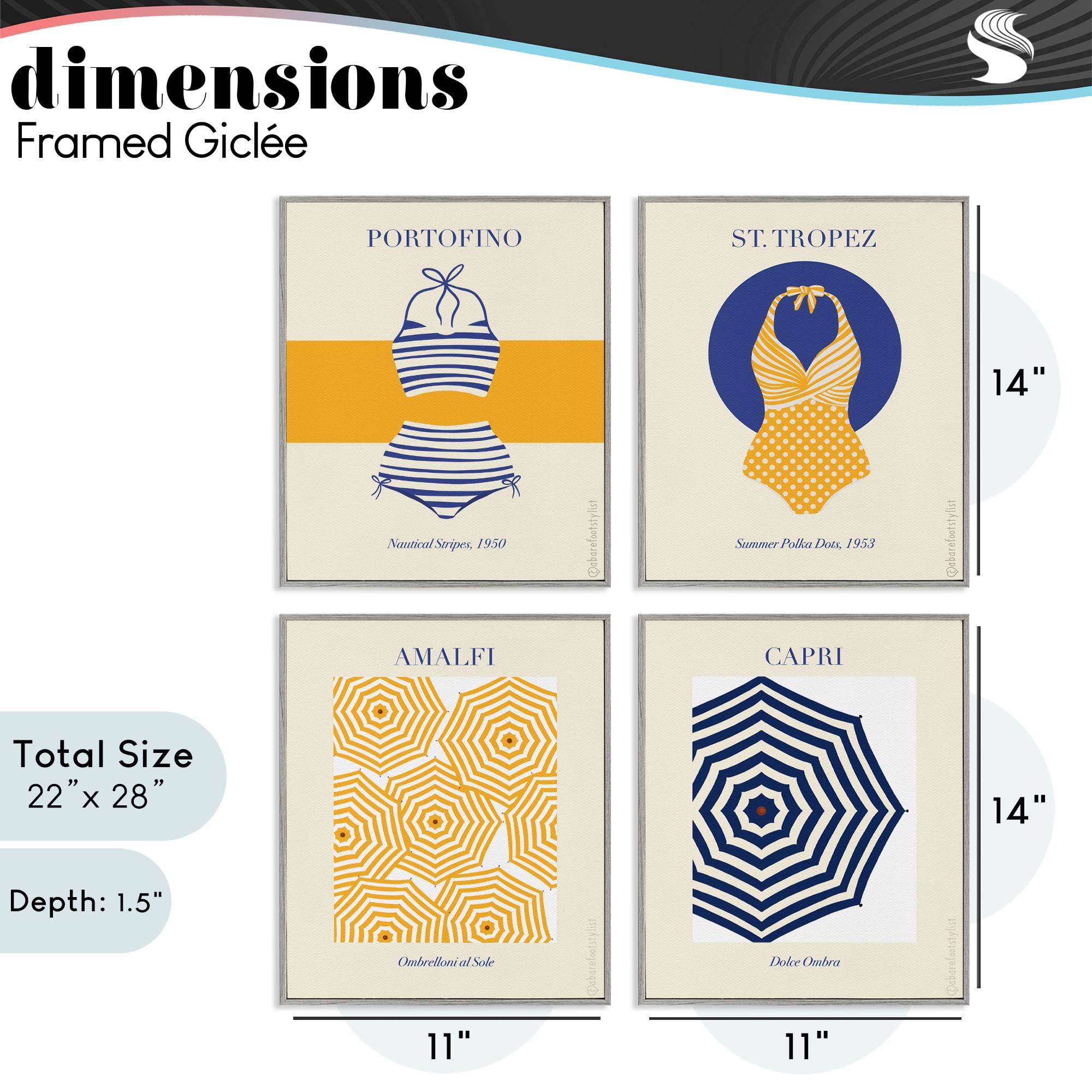 Stupell Industries Retro Beach Vacation Elements 4 Piece Gray Framed Giclee Art Set, design by A Barefoot Stylist