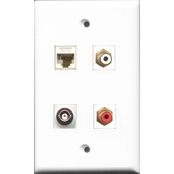 RiteAV 1 Port RCA Red and 1 Port RCA White and 1 Port BNC and 1 Port Cat6 Ethernet White Wall Plate