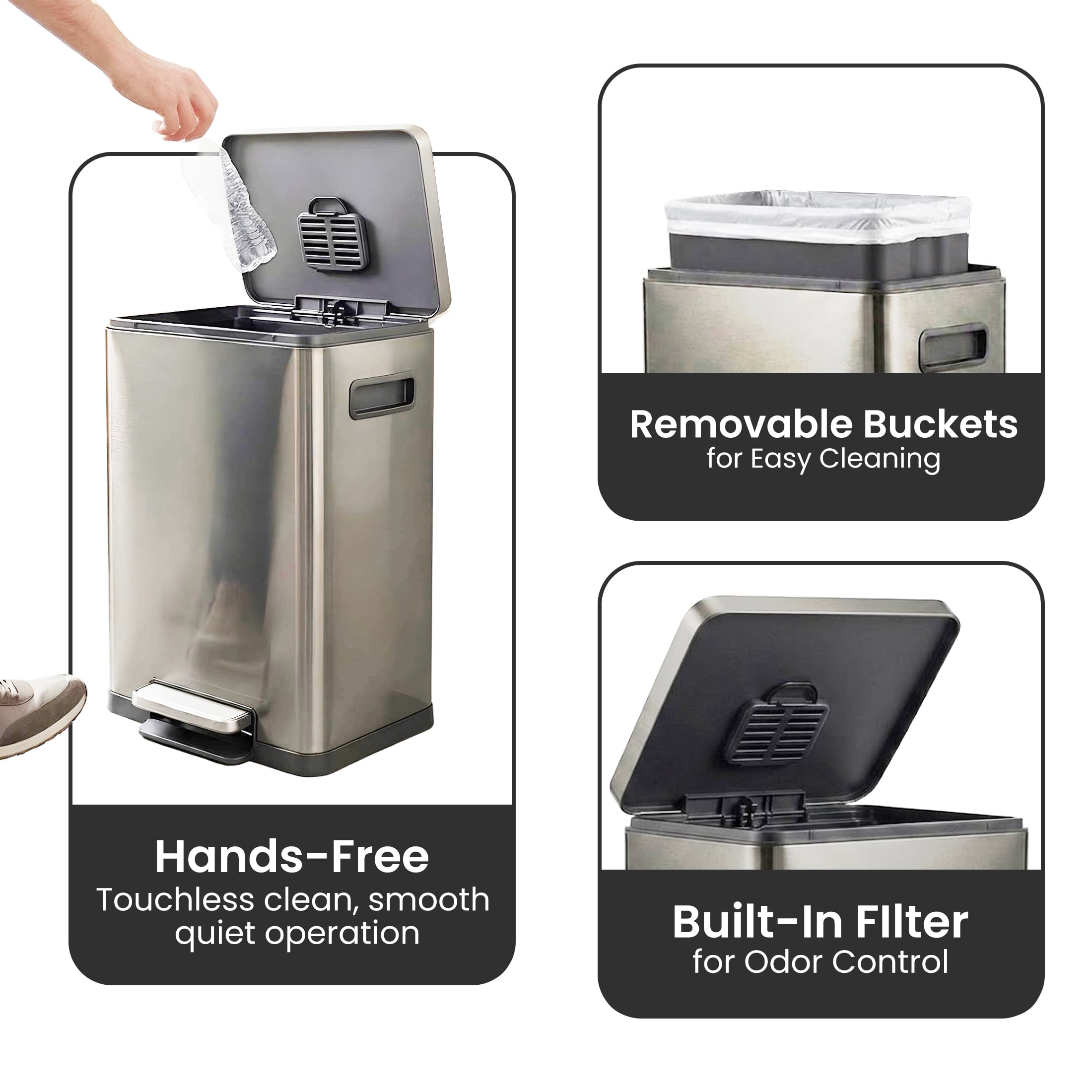 Simpli-Magic Kitchen Trash Can, 13.2 Gallon Stainless Steel Soft Close Step Garbage Bin with Infinity Edge Lid, Silver