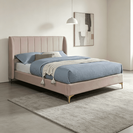 JERFIT Queen Size Upholstered Bed Frame with Wingback Headboard, Velvet Fabric, Light Pink, Gold Metal Legs, Modern Glam Style