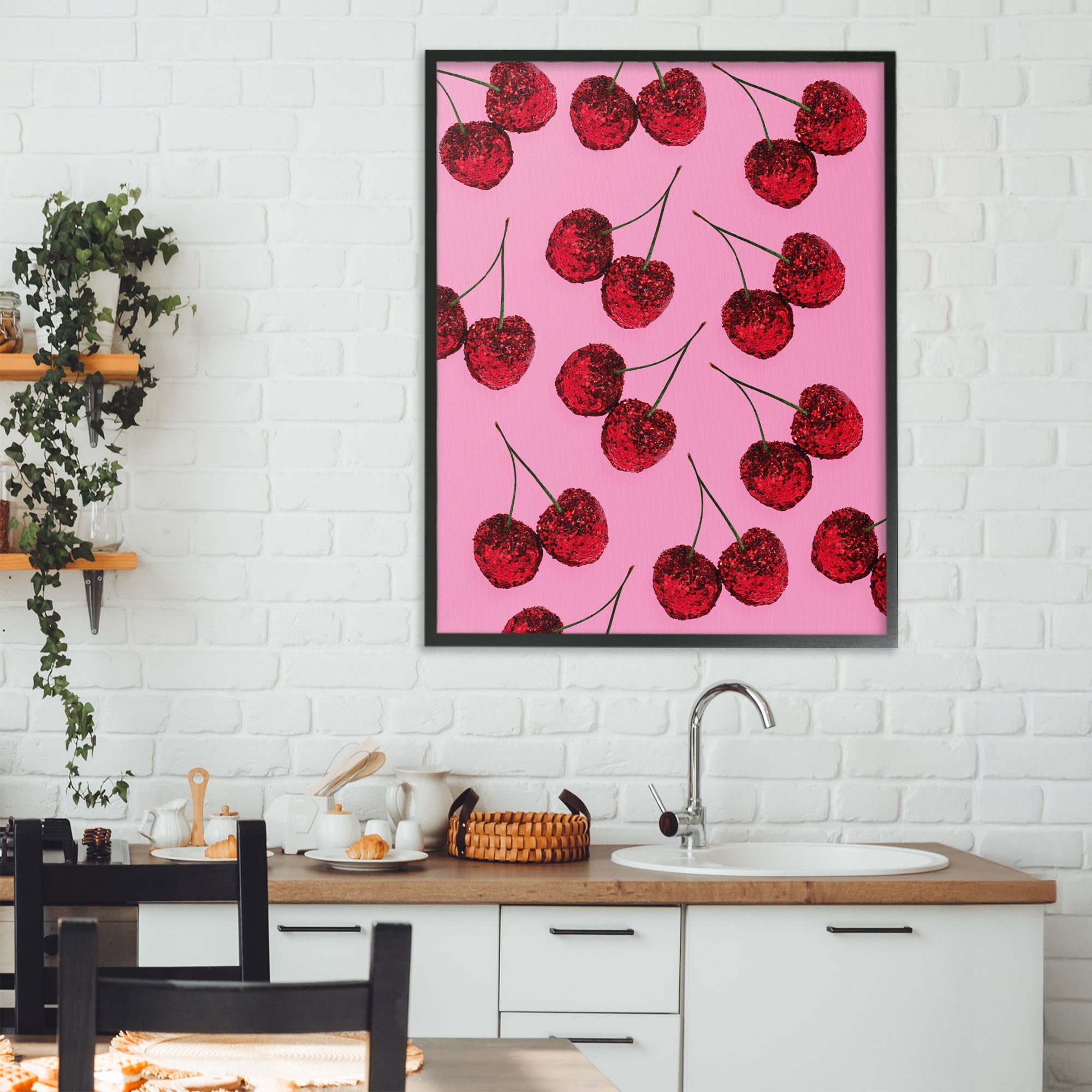 Stupell Industries Glitter Glam Cherries Pattern Black Framed Giclee Art, design by LISH Creative