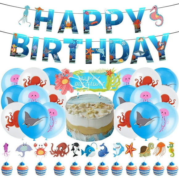 Ocean Theme Party Decorations, Birthday Party Supplies Includes Ocean Happy Birthday Banner, Cake Topper, Cupcake Toppers, Balloons