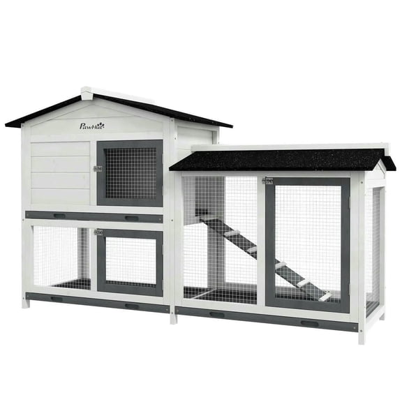 Spaco 62" Rabbit Hutch, Wooden Bunny Hutch, Small Animal Enclosure with Run Area, Removable Tray, Guinea Pig Cage with Asphalt Roof, Lockable Doors and Ramp, White
