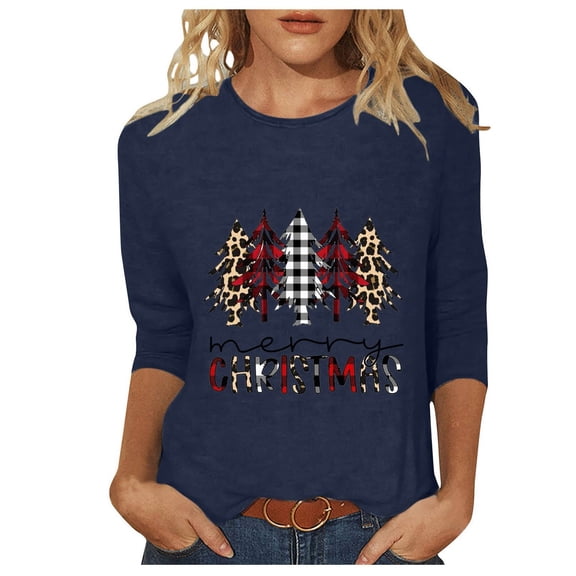 Patlollav Christmas Tops for Ladies,Womens Blouse 3/4 Sleeve Round Neck Casual Tops Gift