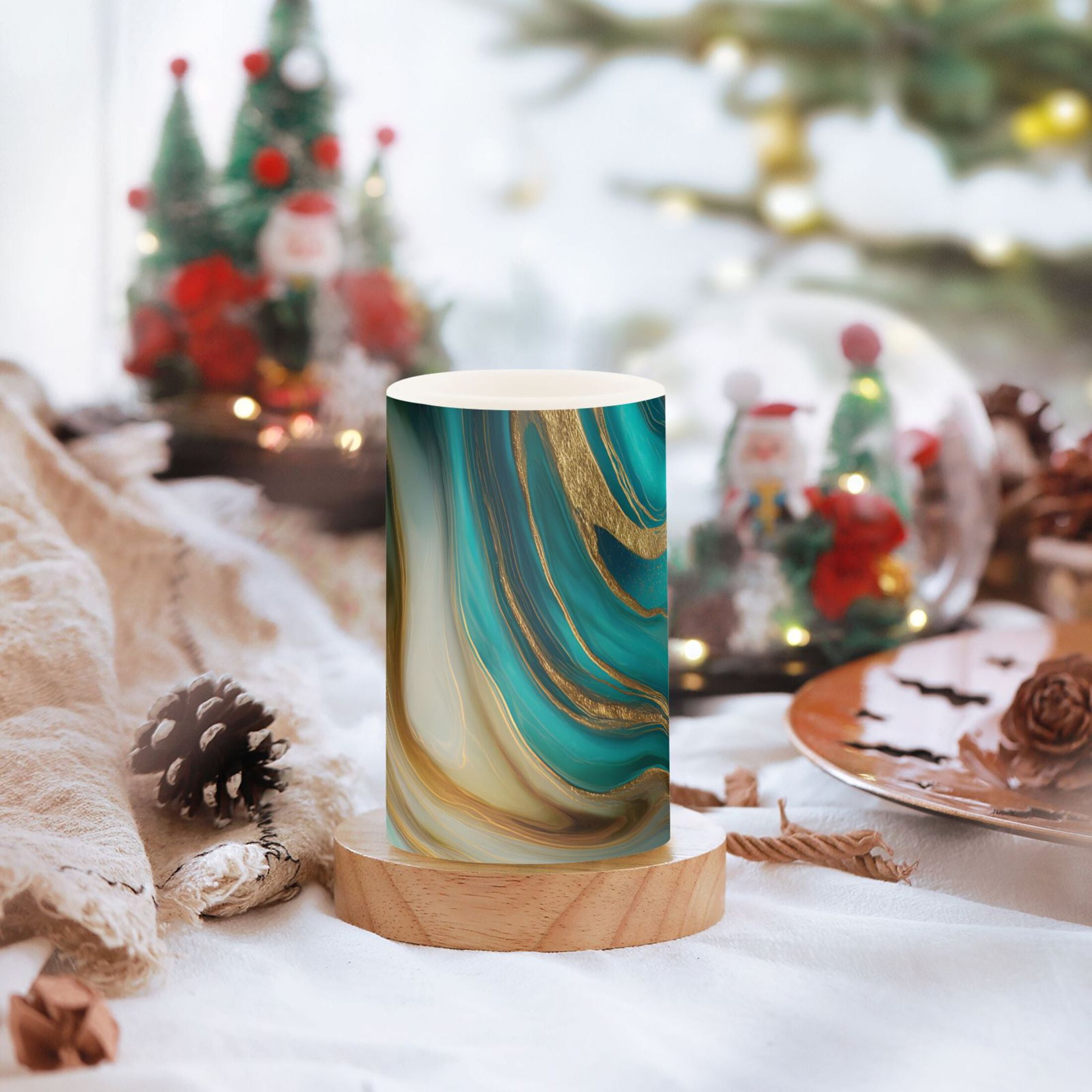Blue Teal Gold Background Texture Flickering Flameless Candles Battery Operated with Remote Timer LED Pillar Candles Set of 2