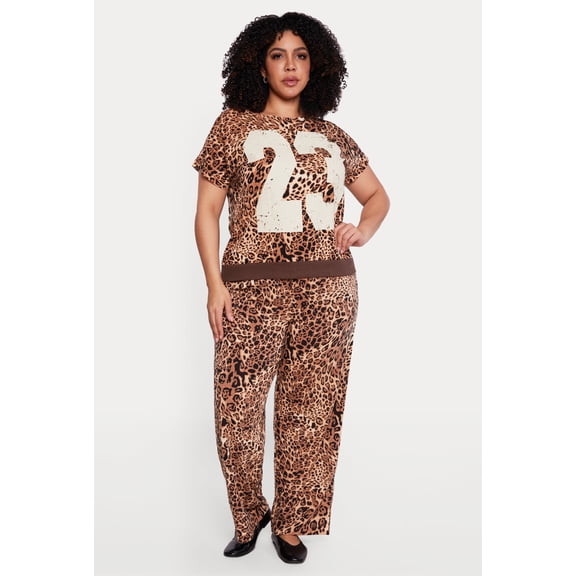 Women's Plus Size Leopard Print High Waisted Pull On Wide Leg Pants