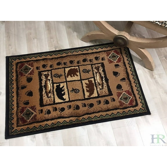 Lodge, Cabin Nature and Animals Area Rug - Geometric Design Cabin Area Rug - Abstract, Brown/Green/Red-Bear/Fish/Footprint