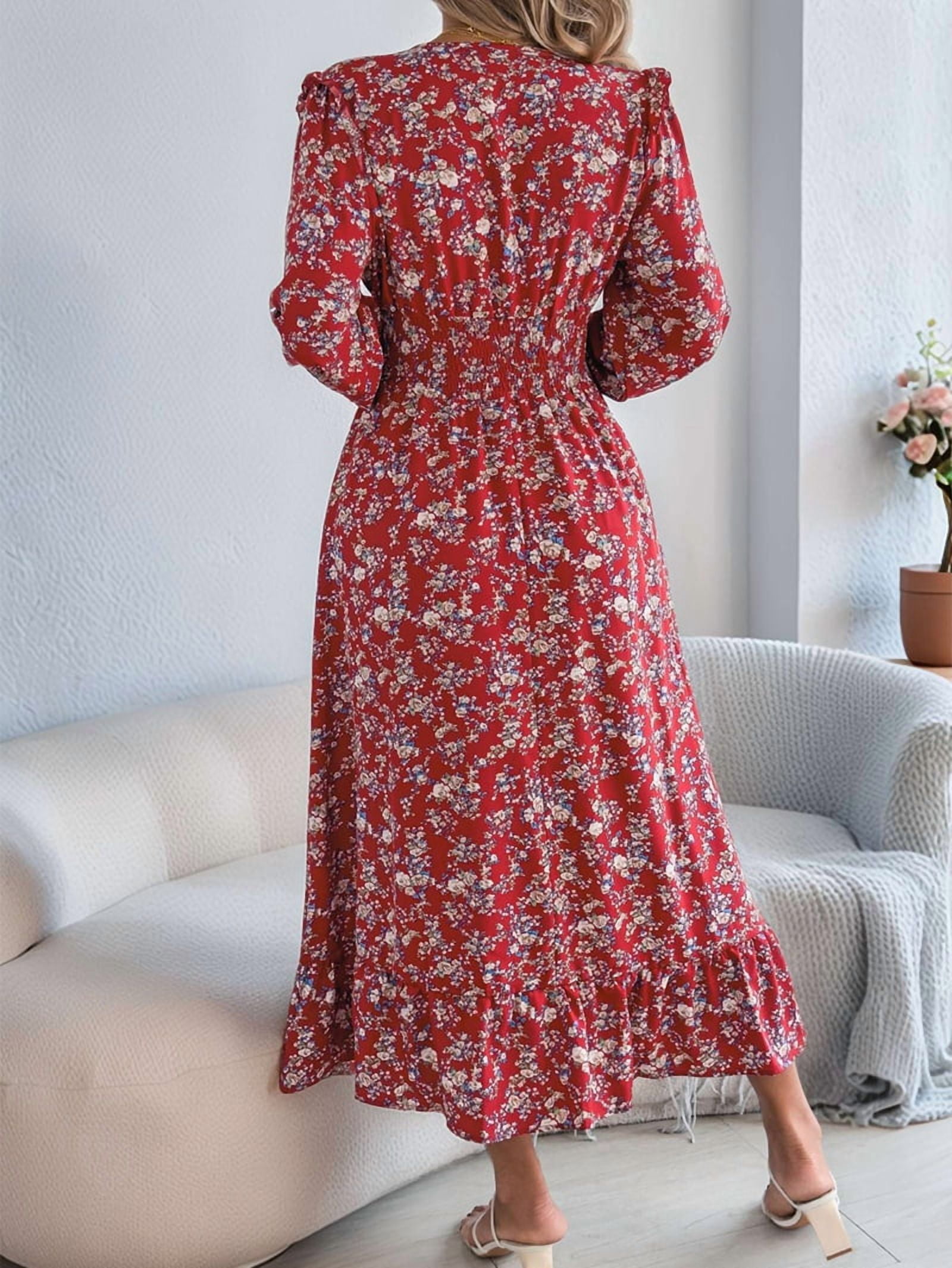 Women'S Long Sleeve Floral Print V-Neck Ruffle Hem Maxi Dress Shirred Waist Red M