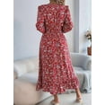 thumbnail image 6 of Women'S Long Sleeve Floral Print V-Neck Ruffle Hem Maxi Dress Shirred Waist Red L, 6 of 9