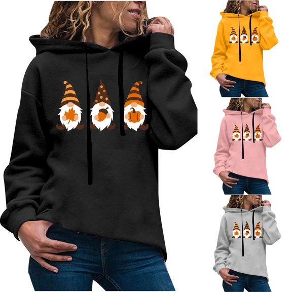 Jinhomg Christmas Hooded Pullover for Women Cute Funny Gnome Graphic Holiday Sweatshirt Fall Plus Size Long Sleeve Thin Hoodies with Kangaroo Pocket Prime Day 2024 Gray L