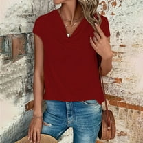 Tittly T Shirts for Women Spring Tops for Women Womens Fashion Tops Short Sleeve Cowl Neck Shirts Trendy 2025 Casual Outfits Ladies Top Blouses Tshirts Shirts Basic Tees Wine XL