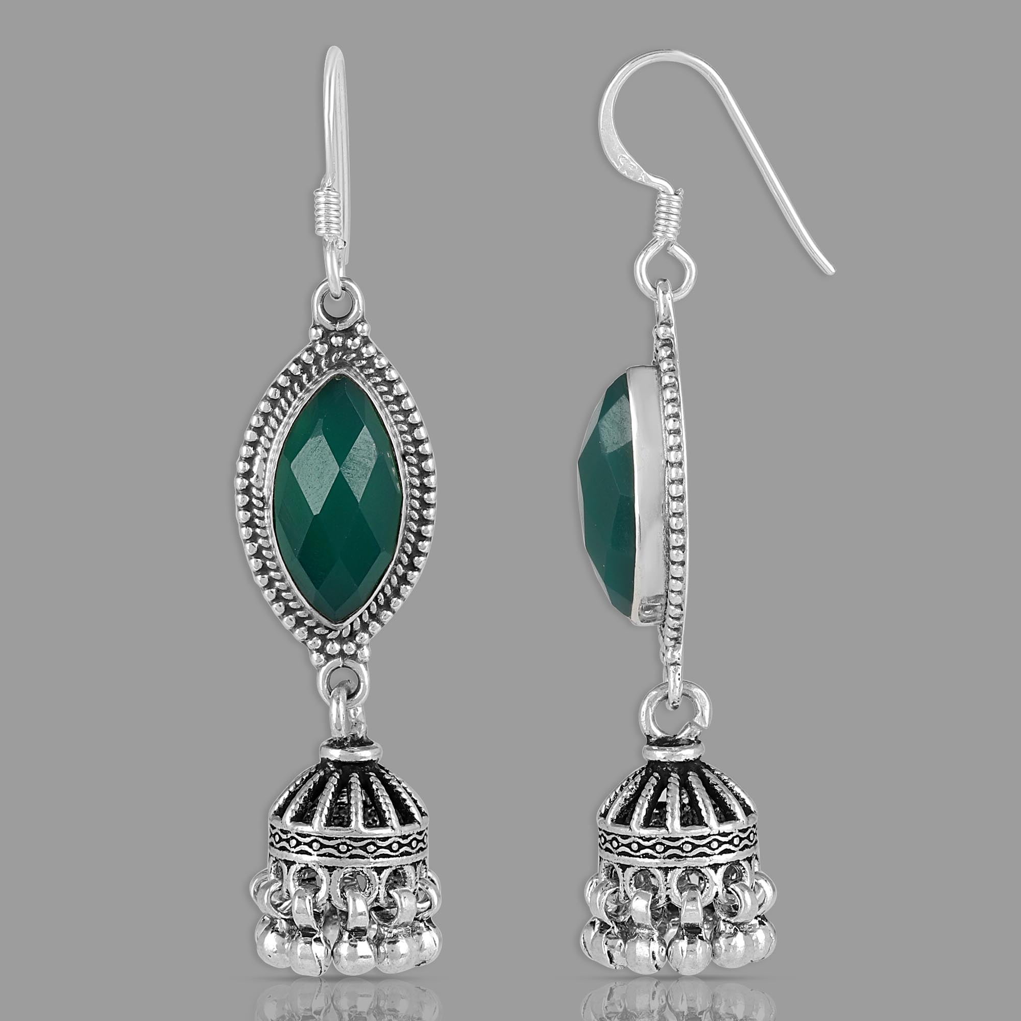 Natural Green Onyx Dangle Earrings for Women in 925 Sterling Silver – Handmade 15x8 mm Marquise Gemstones, 57 mm Long Boho Drop Earrings with Fish Hook Backs, Statement Jewelry Gift