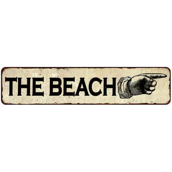 The Beach Right Hand Pointer Distressed Metal Sign Chic Décor 4x18 204180005017