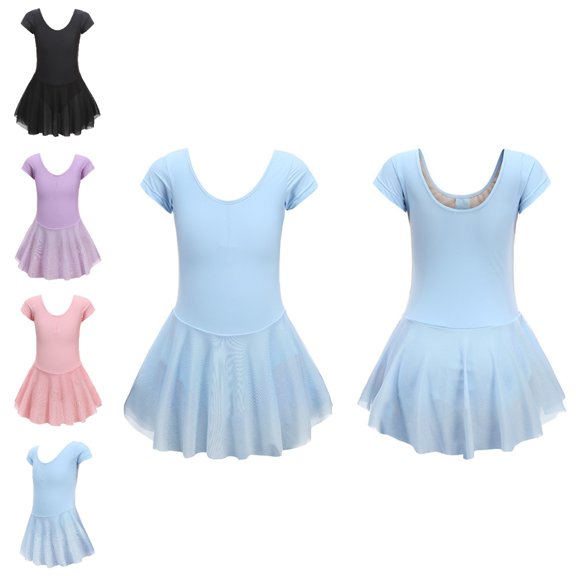 Bmisegm Girls Dance Outfit Short Sleeve V Neck Leotard with Attached Tutu Skirt Ballet Practice Dresses for Girls 3-4 Years