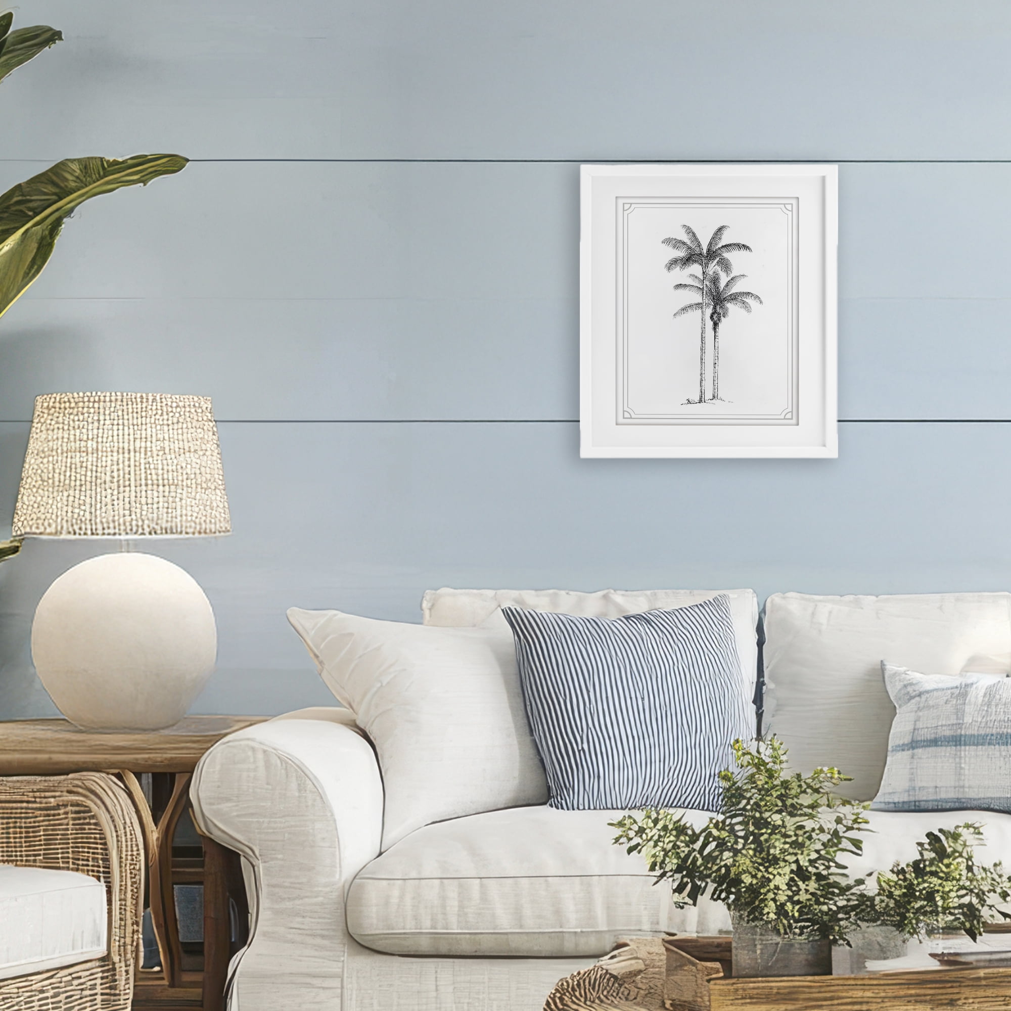 Vintage Simple Palm Tree White Framed Print Under Glass, design by Lettered and Lined