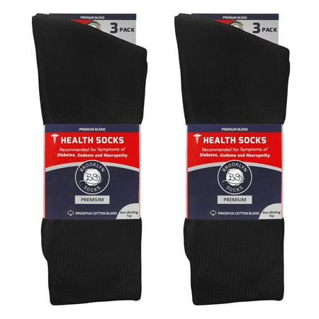 6 Pairs of Premium Cotton Loose Top Diabetic Neuropathy Crew Socks (Black, Sock Size 10-13, Fits men size 9.5 - 11)