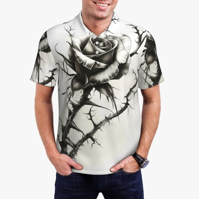 Balery Black And White Rose Camisa Polo de Hombre con Estampado, de Manga Corta y Tejido Medio, Camisa Tipo Golf Polo-XX-Large