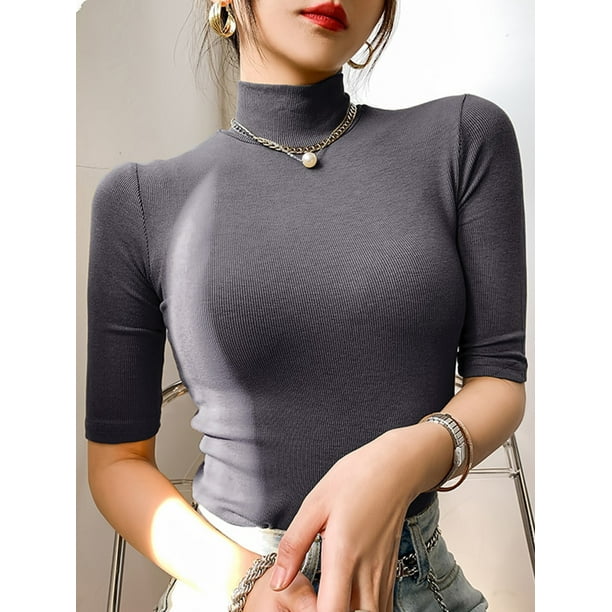 Camiseta basica de algodon para mujer Camiseta ajustada de cuello alto camisetas de manga corta camiseta blanca elastica informal para mujer
