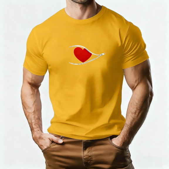 T-Shirt for Men's Valentine’s Day Heart Print Casual Sport Short Sleeve Round-Neck Top,Soft Casual Men's Tee Yellow