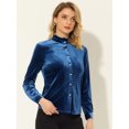 thumbnail image 2 of Blusa de terciopelo para mujer con volantes y cuello alto, manga larga, con botones Azul eléctrico M, 2 of 5