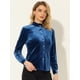 thumbnail image 2 of Blusa de terciopelo para mujer con volantes y cuello alto, manga larga, con botones Azul eléctrico XL, 2 of 5