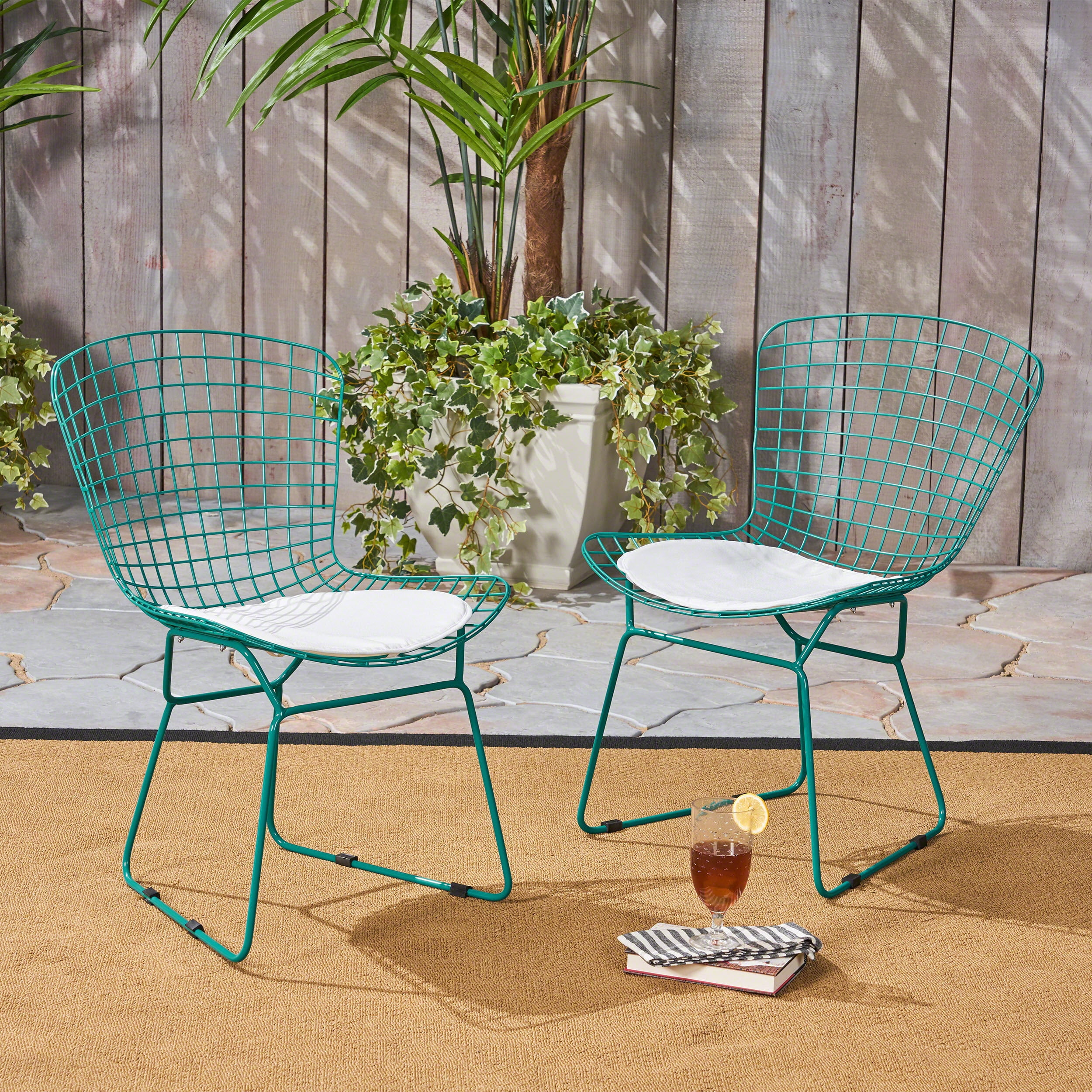 Sutton Outdoor Iron Chairs with Cushions, Set of 2, Teal, White