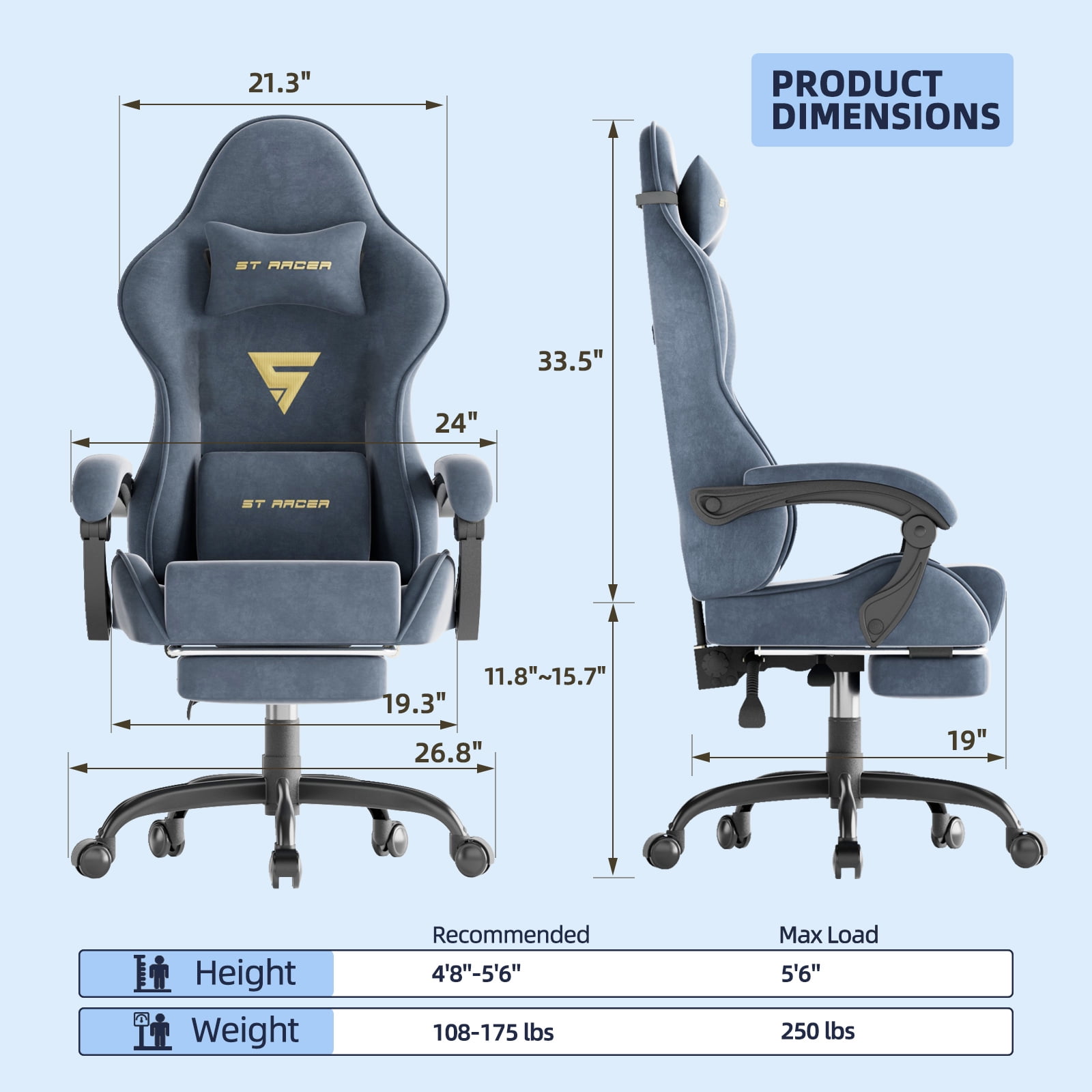 Luxvie Velvet Fabric Gaming Chair with Footrest High Back Reclining Ergonomic Computer Gamer Chair with Headrest and Massage Racing Style PC Video Game Chair Suitable for Adults, Gray