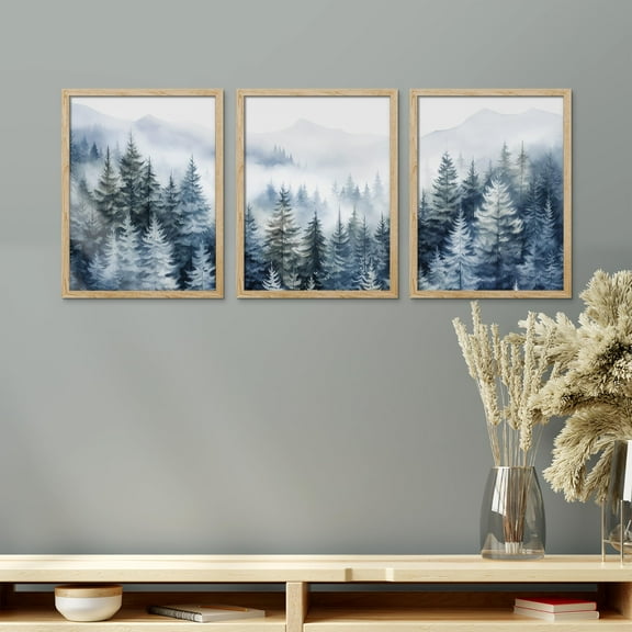 PixonSign Framed Canvas Print Wall Art Set - Misty Forest Nature Mountain Poster Arts - Set of 3 Pine Trees Plants Landscape Wall Décor for Living Room, Bedroom, Office - 11"x14" Natural