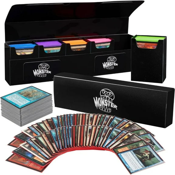 Monster Protectors Magnetic Five Deck Box - Black, Holds 375 Gaming TCGs, Self-Locking Closure, Compatible w Standard & Smaller Size Gaming Trading Cards, Removable Construction