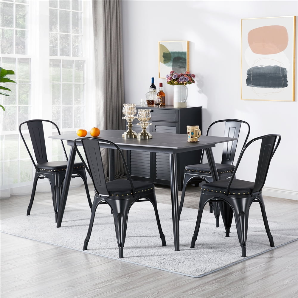 Alden Design Industrial Metal Studded Dining Chair with Cushion, Set of 4, Black