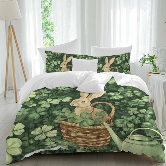 St. Patrick's Day Twin Duvet Cover Set, Rabbit Basket 4 Piece Microfiber Bedding Set with Zipper Closure, Bed Sheet and 2 Pillow Shams, Soft Bedding Cover