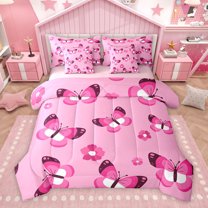 Homewish Cute Pink Butterfly Bedding Comforter Set 7 Pieces, Watercolor Cherry Blossoms Full Bedding Set, Kawaii Cartoon Theme Reversible Fitted Sheet Flat Sheet, Lightweight Room Decor