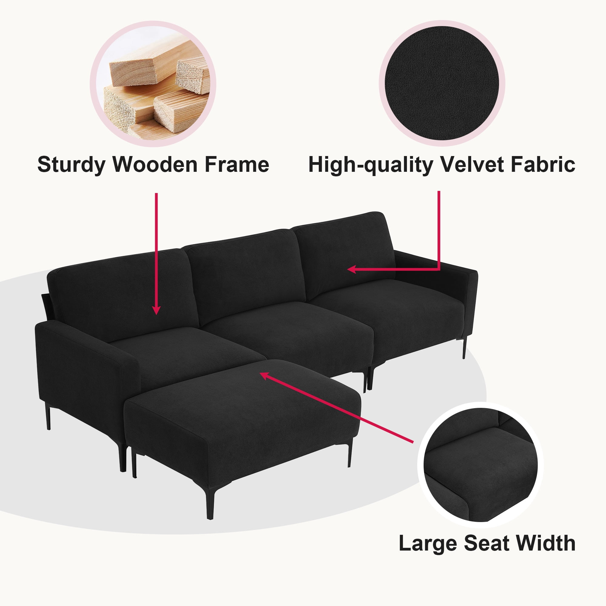 DEALTOPS Modern L-Shaped Velvet Sectional Sofa Couch with Ottoman, Upholstered Sleeper Sofa bed for Living Room or Bedroom-Black